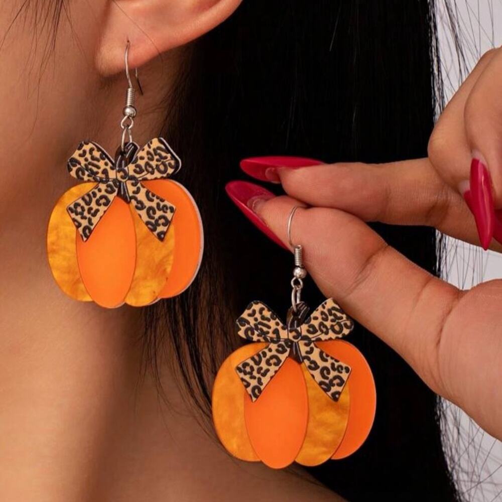 #22 Leopard Bow Orange Pumpkin Dangle Earrings
